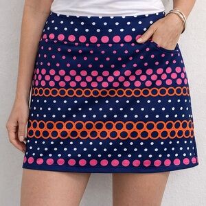 Navy Mini Skirt with Pink Polka Dots & Orange Ring Stripes